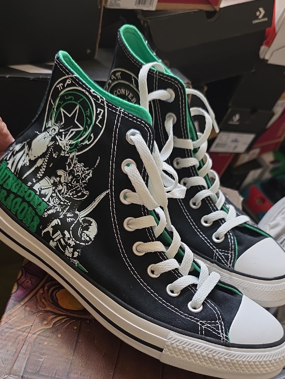 Converse Black High Top Sneakers with Green Accents and Graphic